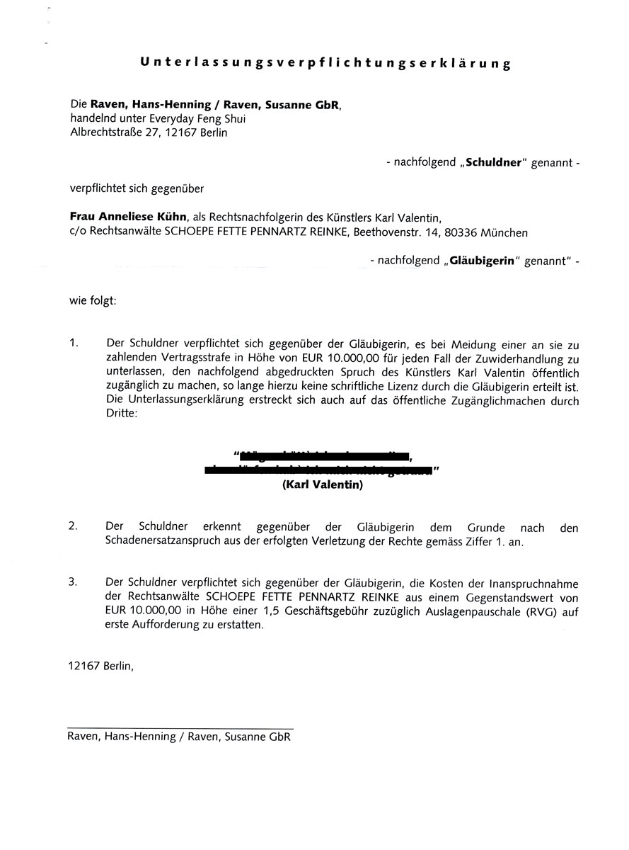 Unterlassungsverpflichtungserklärung gegenüber Frau Anneliese Kühn - Angebot der Gegenseite