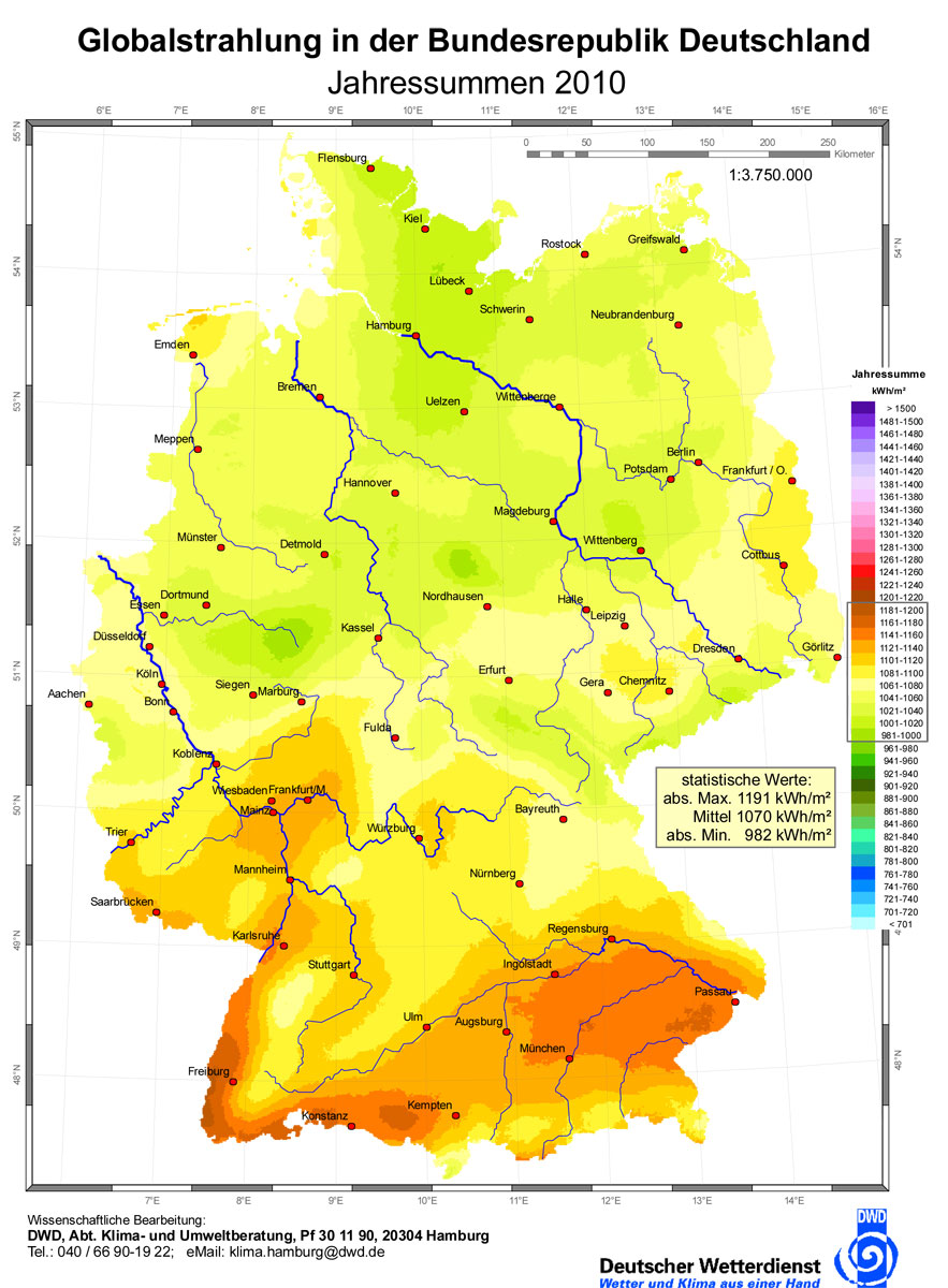 Verteilung der durchschnittlichen Sonneneinstrahlung (Globalstrahlung) in Deutschland 2010 in kWh/m²