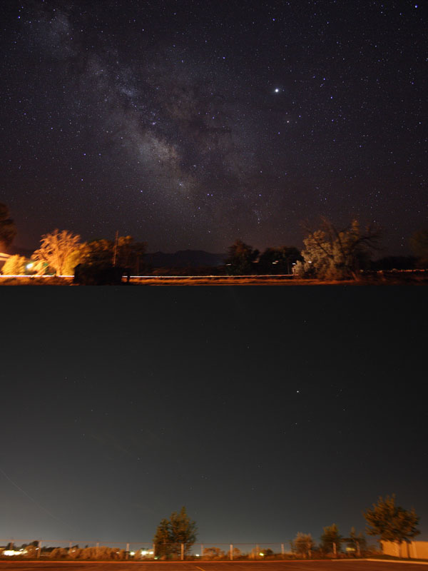 Der südliche Nachthimmel ohne Lichtsmog (oberes Bild) im Vergleich zum gleichen Himmelsausschnitt mit Lichtsmog