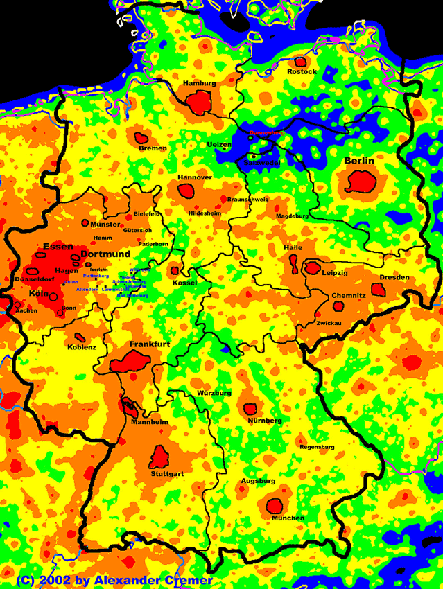 Karte mit den Gebieten in Deutschland, die besonders stark von Lichtverschmutzung betroffen sind