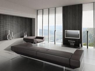 Minimalistisch und modern gestaltetes Wohnzimmer mit starker Präsenz des Elements Metall